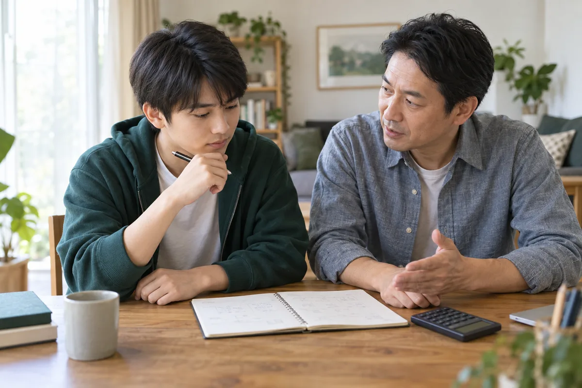 ノートと電卓を囲み、進学の費用を相談する父と息子