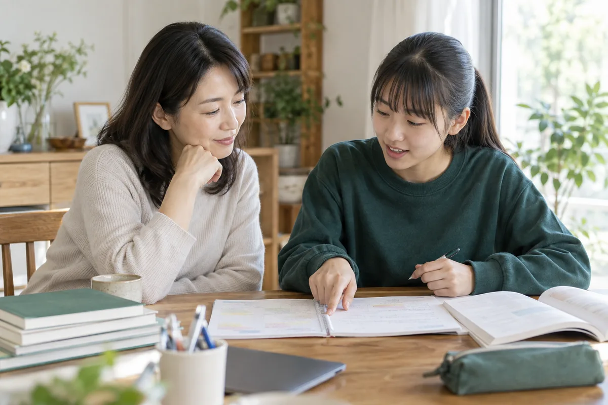 進路の資料を一緒に確認する母と娘