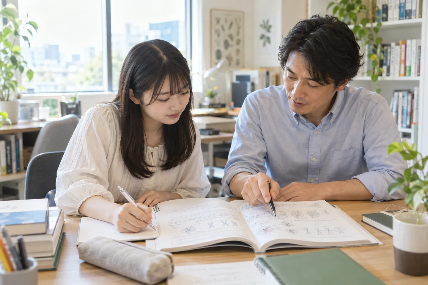 医学部を目指す受験生が、講師と生物の問題に取り組む学習風景